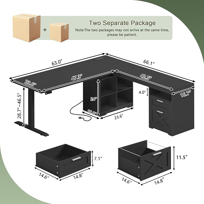 66 inch Farmhouse L Shaped Standing Desk with Storage for Home Office | Corner Electric Standing Desk with Drawers ＆ Storage Shelves, Height Adjustable Computer Desk with Power Outlets, Black