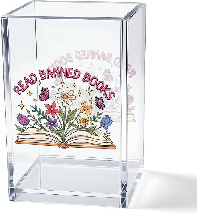 Read Books Acrylic Pencil Pen Holder Cup, Floral Reading Bookmark Holder for Book Club Library Bookshelf Desk Decor, Book Lover Gifts for Women Men Teens Teachers Bookworms Librarians Readers
