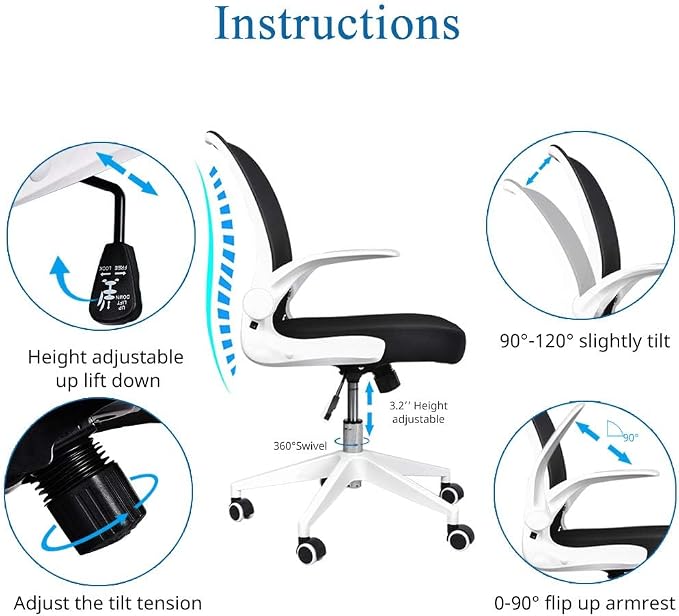 IPKIG Foldable Office Chair - Home Office Desk Chairs with Wheels and Flip-Up Arms - Ergonomic Backrest Mesh Computer Chair Adjustable Swivel Rolling Home Executive (White)