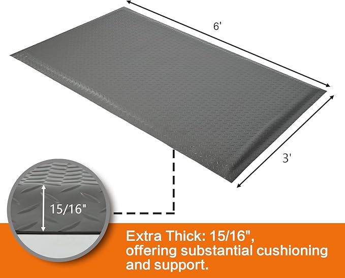 Nisorpa Anti Fatigue Mats Industrial 3' x 6' Ergonomic Standing Mat 15/16" Extra Thick Shop Floor Mat Kitchen Mats Heavy Duty Commercial Diamond Plate Support for Leg & Back Pain, Grey