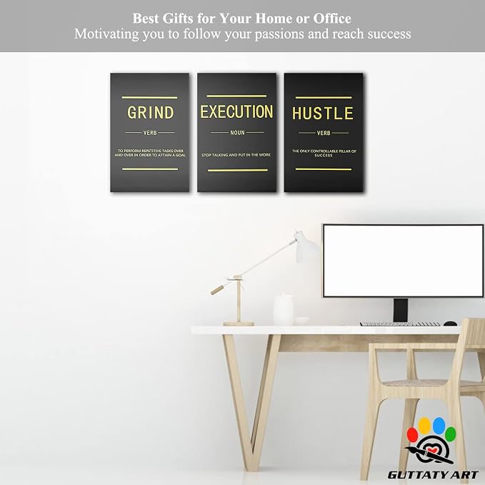 Office Wall Art - 3 Panel Motivational Wall Art, Inspirational Quotes Canvas Art for Home Office Wall Decor, Positive Quotes Wall Decor, Entrepreneur Grind Hustle Execution Poster Frame (12”x24”x3Pcs)