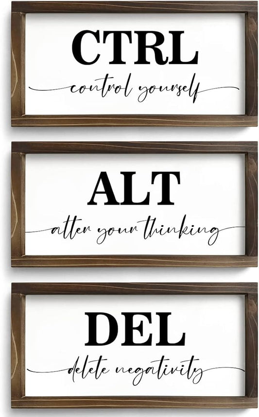 Pinetree Art Motivational Wall Decor for Office, Set of 3 Rustic Wooden Framed Signs, CTRL ALT DEL Inspirational Wall Art for Home Office, Classroom, Desk Wall, Positive Mindset Decor, (6"x12"x3)
