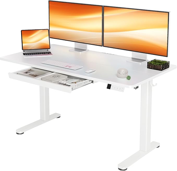 YDN Electric Standing Desk 55 x 24 Inch Adjustable Height with Drawer White | Industrial-grade steel frame supports 176Lbs, 28.3 to 46.5 inch height range, 3 memory presets, 45dB quiet motor