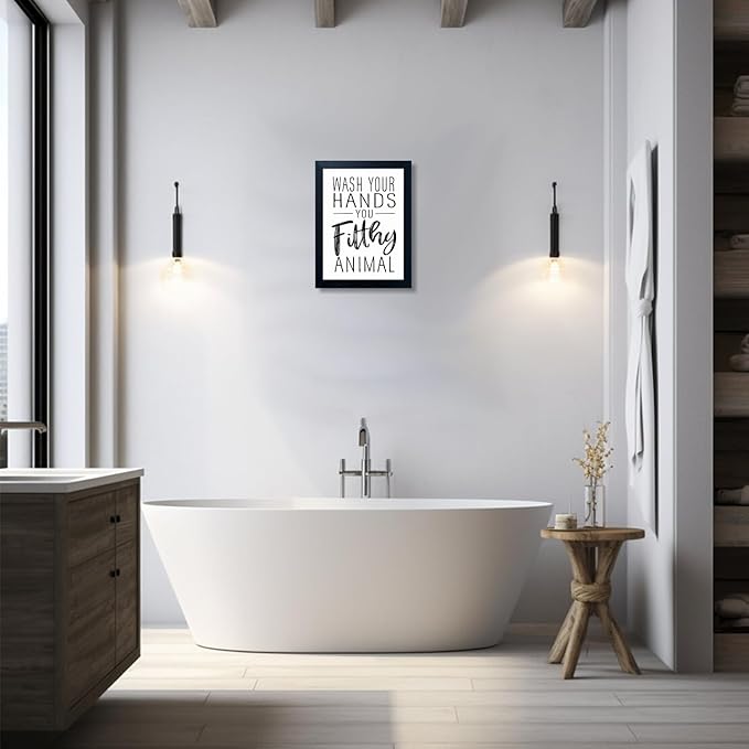 Bathroom Quotes Wall Decor, Black and White Bathroom Wall Art, Toilet Decor Signs Small Black Framed Canvas Art for Kid's Washroom