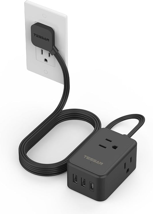 TESSAN Small Flat Plug Power Strip, Ultra Thin Extension Cord 5 ft, 3 AC Outlets with 3 USB Ports (1 USB C), Multiple Wall Outlet Extender for Cruise Travel Office School Dorm Room Essentials, Black
