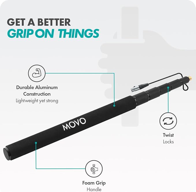 Movo CMP-17C Professional 9.8' Aluminum Boom Pole for Shotgun Microphones with Internal XLR Cable – Compatible with Rode NTG Series, Sennheiser MKE600, Audio-Technica AT875R & More