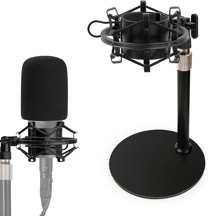 AT2020 Mic Stand, Adjustable Height Desk Mic Stand with Shock Mount, Foam Windscreen, Metal Weighted Base, 1/4 to 3/8 Metal Adapter, for AT2020 AT2020USB AT2020USB+ AT2035 Mic by Rigych