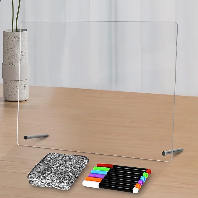 Acrylic Dry Erase Board to Do List Desktop Clear Memo Note Board, 9x13 Tabletop Whiteboard with Stand for Office, Home, School, Includes 6 Dry Erase Markers