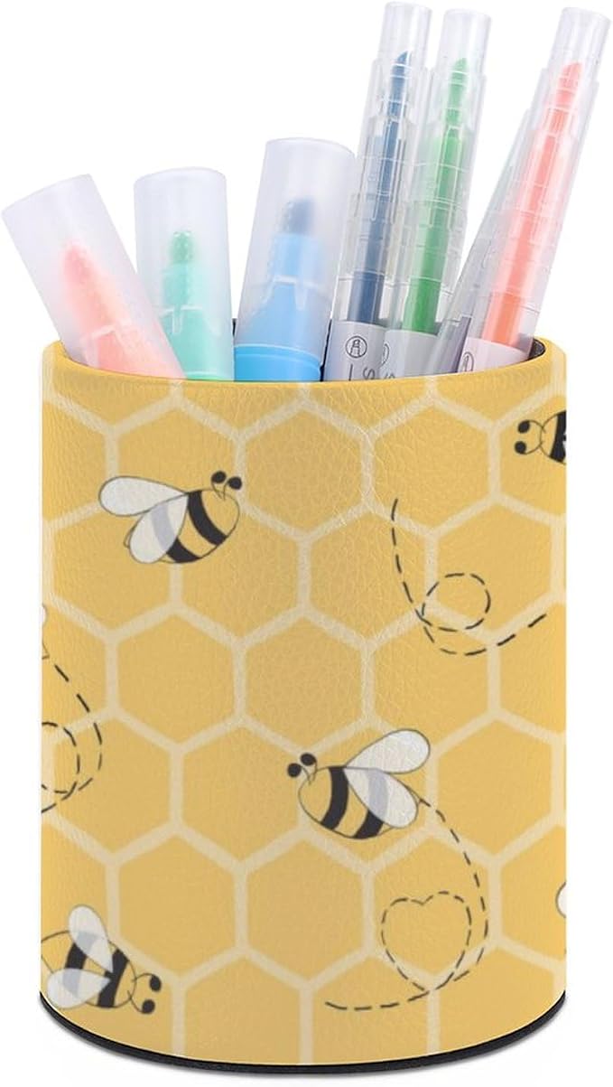 Bee Pen Holder for Desk PU Pencil Cup Organizer | Round Desks Makeup Brush Holder for School Multifunctional Office Supplies