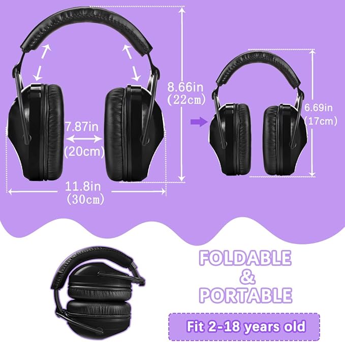 ZOHAN Kids Ear Protection 2 Pack, 25dB NRR Noise Cancelling Headphones for Kids, with Pillowy Pads, for Monster Truck, School, Autism, Sensory, Fireworks, Concerts, Events (Black+Black)