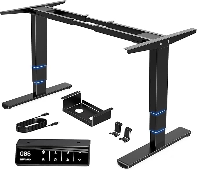 HUANUO Height Adjustable Electric Standing Desk Frame, 3 Stage Leg Dual Motors Sit Stand Desk Frame with Memory Controller for Home Office, for Max 75″ x 35″ Desktop, Frame Only, Black