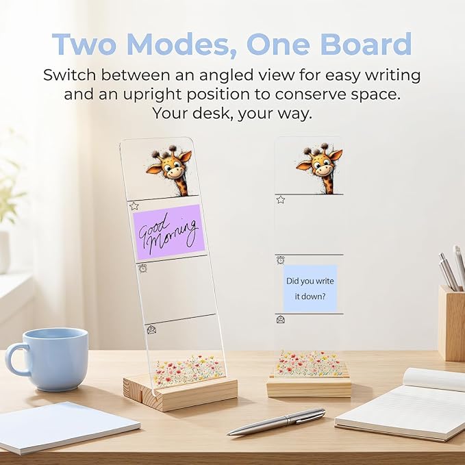 Sticky Note Holder, Monitor Memo Board, Acrylic Post It Note Holder with Wooden Base, Includes 200 Notes, Desk Organizer for Office, Cute Giraffe Design