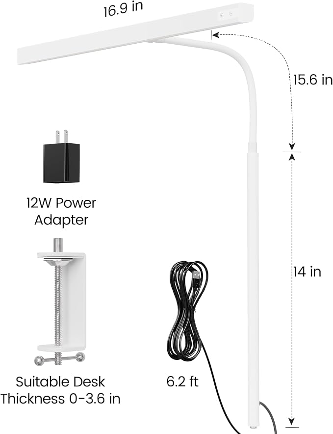 SUPERDANNY LED Desk Lamp for Home Office, Eye-Caring Desk Light with Adjustable Gooseneck, 12W Touch Control Dimmable Brightness, Architect Clamp Lamp with USB Adapter, White