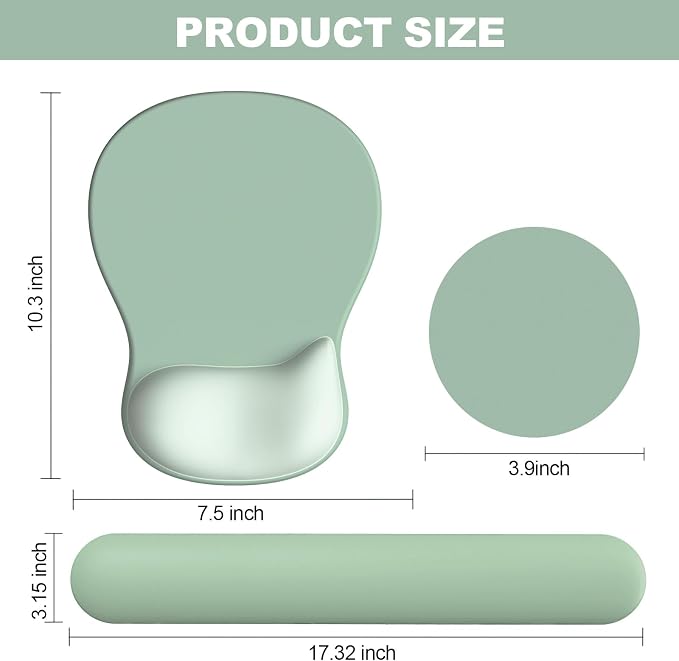 Ergonomic Mouse Pad with Wrist Rest and Keyboard Wrist Rest, Gel Mousepad and Wrist Rest for Computer Keyboard, Pain Relief, Non-Slip PU Base, Mouse Pad with Wrist Support for Gaming, Office, Green