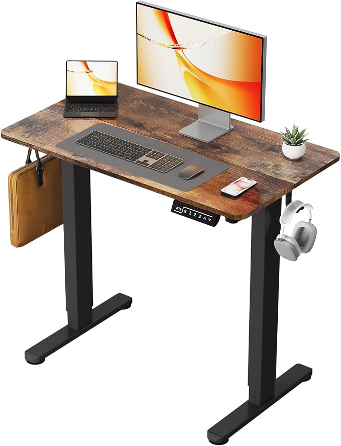 Small Electric Standing Desk, 35" ×20" Standing Table, Height Adjustable Compact Sit Stand Workstation with Splice Board, Home Office Desk with 2 Hooks, Rustic Brown