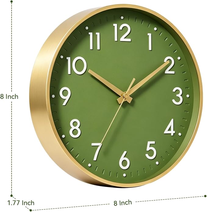 Mosewa Small 8 Inch Wall Clock Battery Operated Silent Non Ticking Analog | Olive green & gold modern clock; oversized 3D easy-read dial for kitchen, bedroom & office; 1 AA battery (not included)