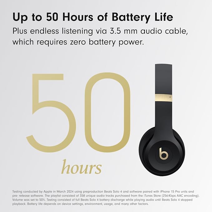 Beats Solo 4 - Wireless On-Ear Bluetooth Headphones, Up to 50-Hour Battery Life, Ultra-Lightweight Comfort, Powerful and Balanced Sound, Apple & Android Compatible - Black & Gold
