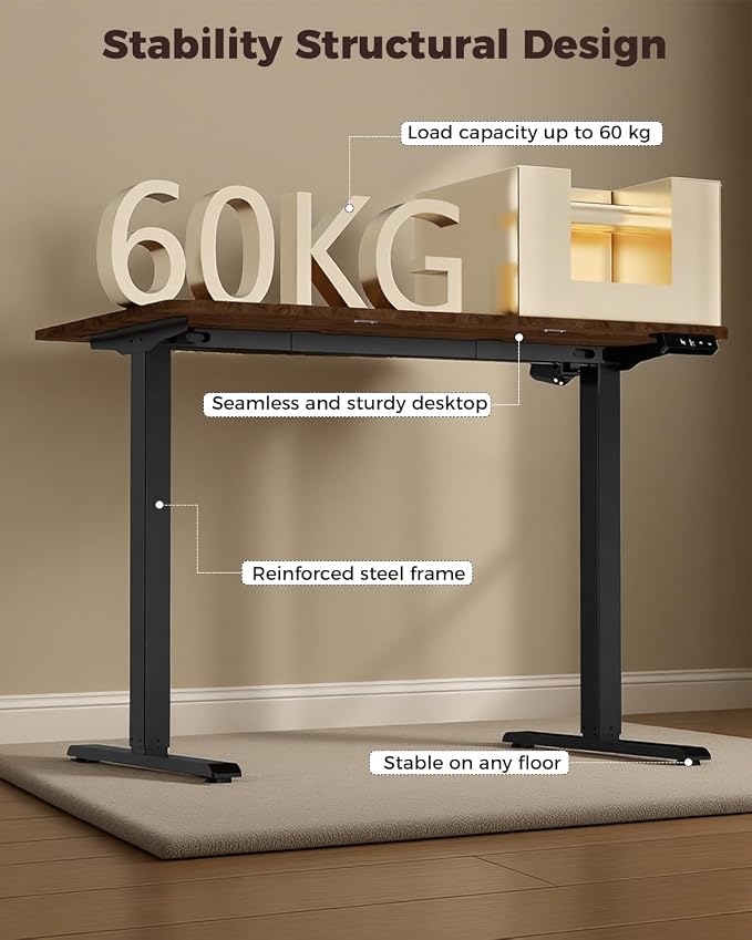 Electric Standing Desk 48" x 24", Height Adjustable 28"-46", Sit Stand Desk with Memory Presets, Smooth & Quiet Motor, Reinforced Frame, Easy Assembly, Ergonomic Home Office Desk
