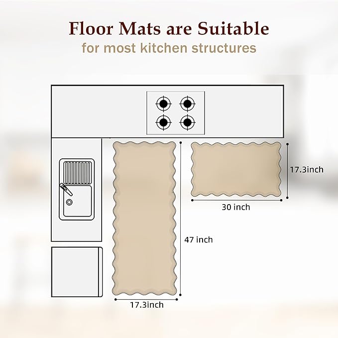 Scalloped Green Kitchen Mats for Floor 2PC Cushioned Anti Fatigue Kitchen Mats Rugs Waterproof Non Slip Farmhouse Boho Floral Comfort Foam Standing Mat for Sink Laundry
