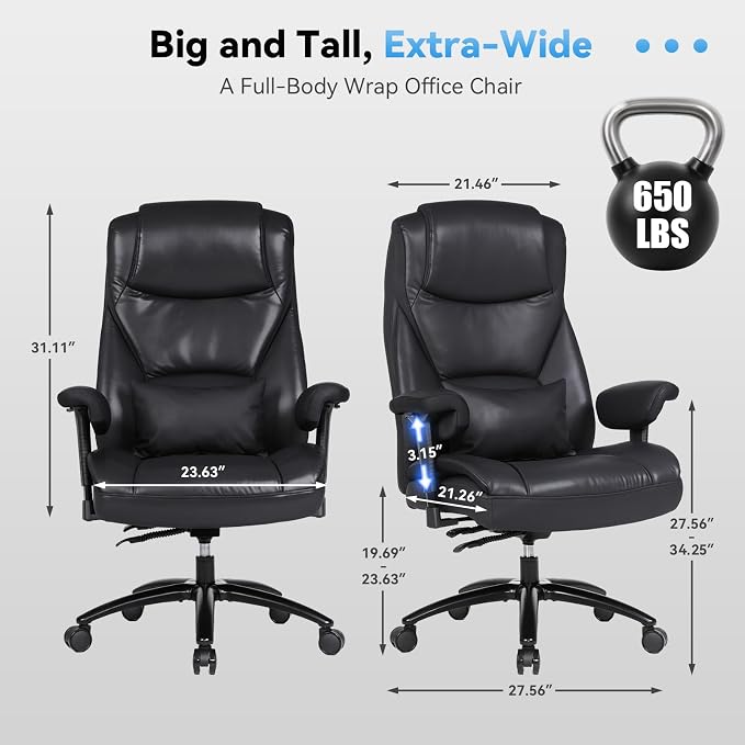 Big and Tall Office Desk Chair with 5-Position Armrests, 650 LBS Heavy Duty Executive Office Chair Comfy, Extra Wide Seat, High Back Computer Chair with Lumbar Support, Reclining Tilt Lock (Brown)