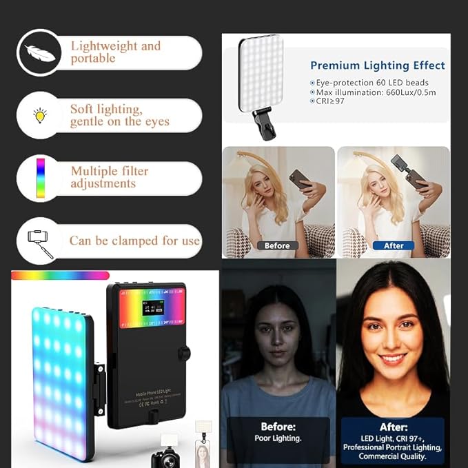 Selfie Light for iPhone-Camera Light for Content Creator-Portable Light-Clip on Light with 3 Mode&10 Brightness Level, Ring Light for Phone TikTok-Makeup-Video Recording-Vlog-Laptop Black