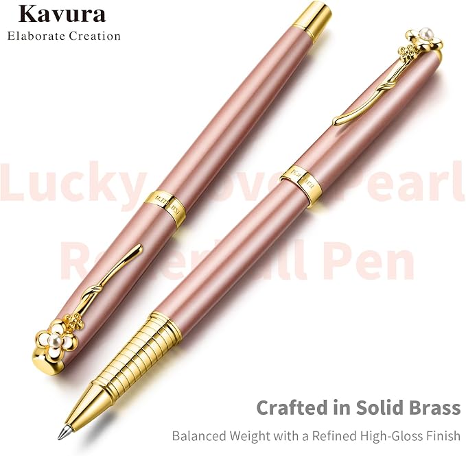 Four-Leaf Clover & Pearl Rollerball Pen – Elegant Brass Pen Gift Set for Women, Jewelry-Inspired Design, Glossy Finish, German Refill, Good Luck Gift for Her, New Job & Graduation (Rose Gold)