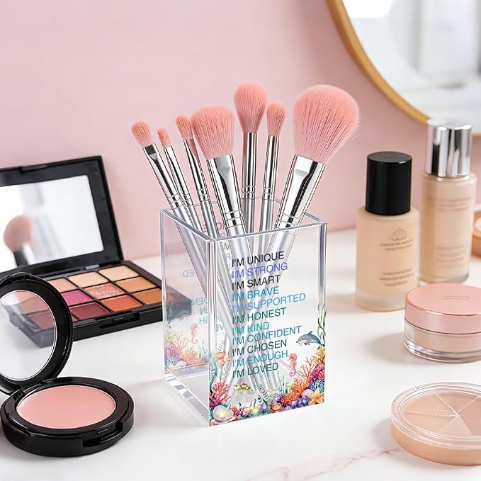 I Am Affirmation Acrylic Pencil Pen Holder Cup, Ocean Design Makeup Brush Storage Organizer, Dolphin Affirmation Pen Desk Accessories Holder Gifts for Women Daughter Niece Sister Friend