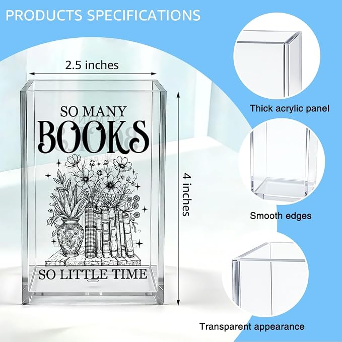 So Many Books So Little Time Acrylic Organizer Pencil Pen Holder, Book Floral Acrylic Desk Organizer, Bookworm Gifts for Librarian Book Lover Reader, Back to School Gifts for Daughter Niece