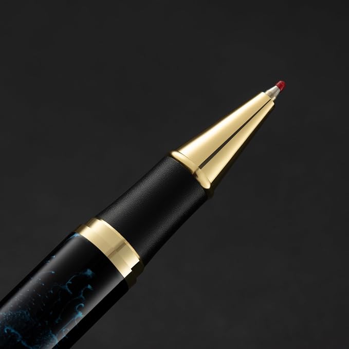 Luxury Metal Rollerball Pen Set – Stainless Steel Barrel, Cool Fine Point Pen with Gift Box & 2 Extra Refills – Premium Business & Signature Pens for Men & Women (Black with Blue Fireworks)