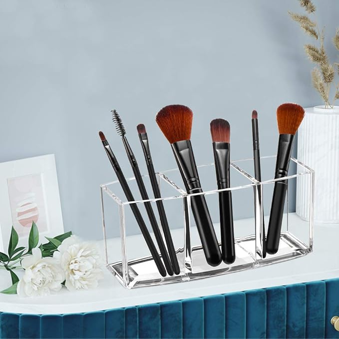 Acrylic Makeup Brush Organizer Holder Clear Cosmetic Brushes Storage with 3 Slots | 3 Slots