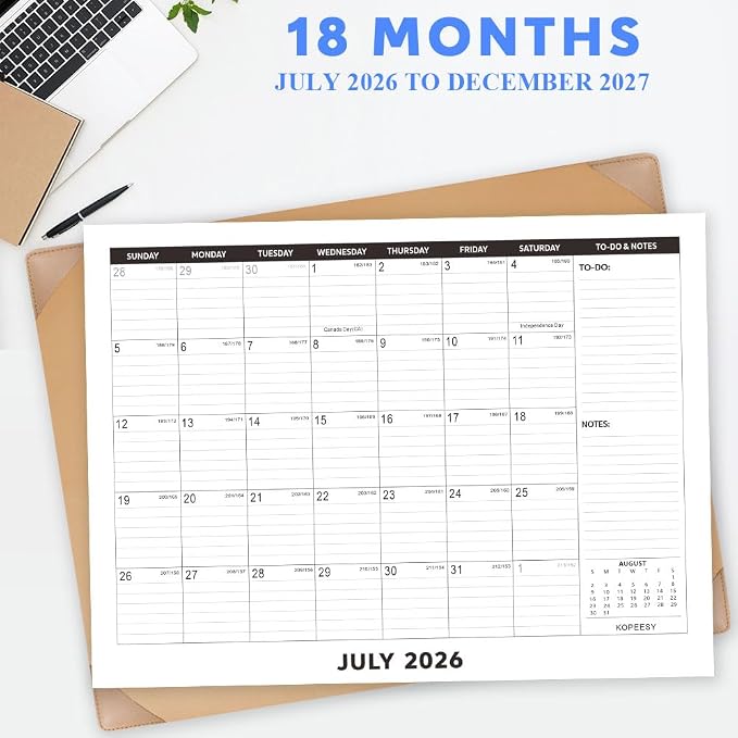 Large Desk Calendar 2026-2027 with Desktop Mat, KOPEESY 22" x 17" Desktop Calendar, 18 Mouths From July 2026 to December 2027, Office Supplies Desk Blotter Calendar for Home School and Office