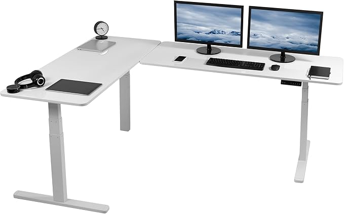 VIVO Electric Height Adjustable 83 x 60 inch Corner Stand Up Desk, 2 White Dry Erase Solid Table Tops, White Frame, Memory Controller, L-Shaped Workstation, 3E Series, DESK-KIT-3E8WE