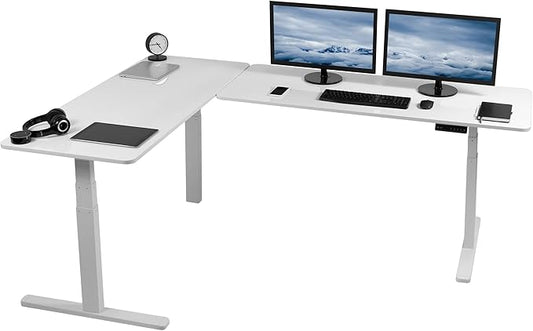 VIVO Electric Height Adjustable 83 x 60 inch Corner Stand Up Desk, 2 White Dry Erase Solid Table Tops, White Frame, Memory Controller, L-Shaped Workstation, 3E Series, DESK-KIT-3E8WE