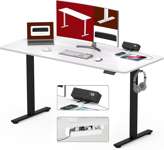 SANODESK Electric Standing Desk with Desk Clamp Power Strip 60"x 24" Whole-Piece Desktop Height Adjustable Stand Up Desk with Cable Management Sit Stand Home Office Desk Black Frame/White Top