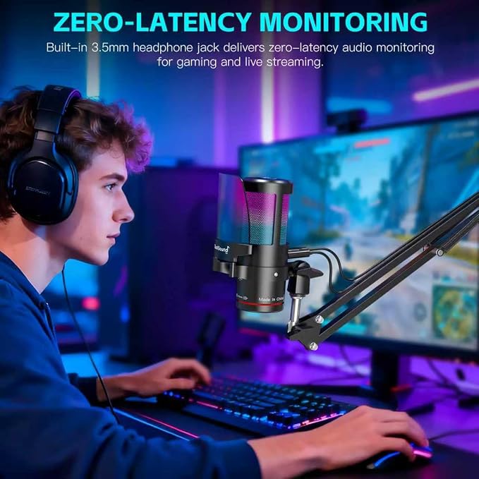 ZealSound Gaming Microphone for PC/Mac/iPhone/Phone – 192kHz/24-bit Podcast Mic with Noise Reduction, Tap-to-Mute, Gain, Monitoring, Boom Arm, Pop Filter, RGB Lighting for Streaming, Gaming, Recording