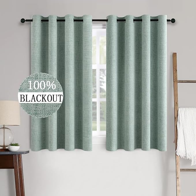 MIULEE Linen Texture Curtains for Bedroom Solid 100% Blackout Thermal Insulated Seafoam Green Curtains Grommet Room Darkening Drapes for Living Room 52x63 Inch (2 Panels)