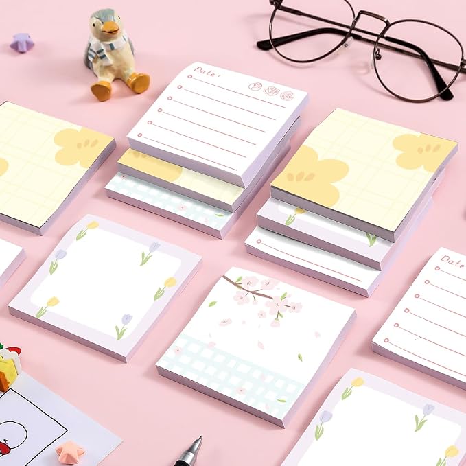 4-Pads 3x3 Sticky Notes, Aesthetic Memo Pads with High-Adhesive, Cute Self-Stick Notes, Reusable & Tearable for Journal Planners Office School Home, Plant Stationery Gift - Floral Notes