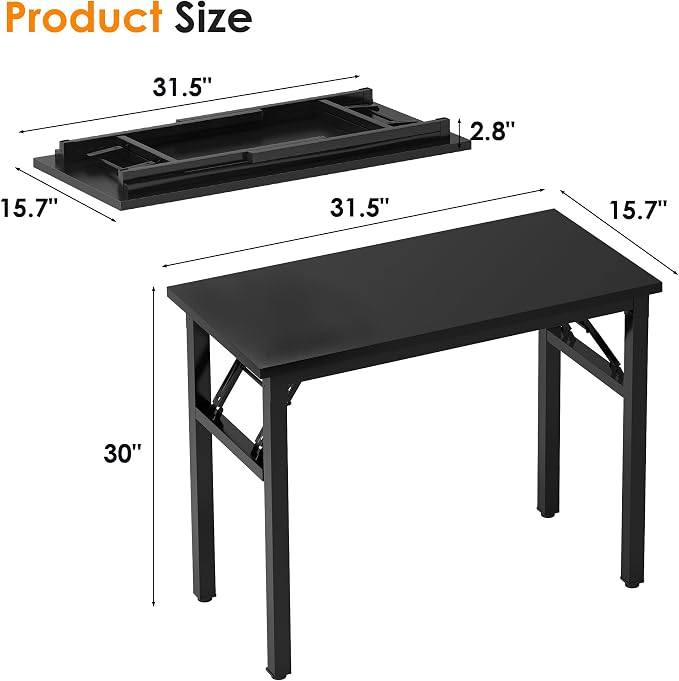 SogesHome No Assembly Folding Computer Desk, 31.5 Inch Small Compact Desk for Home Office, Modern Writing Table with Adjustable Leg Pads, Gaming Desk for Living Room, Dorm and Small Spaces, Black