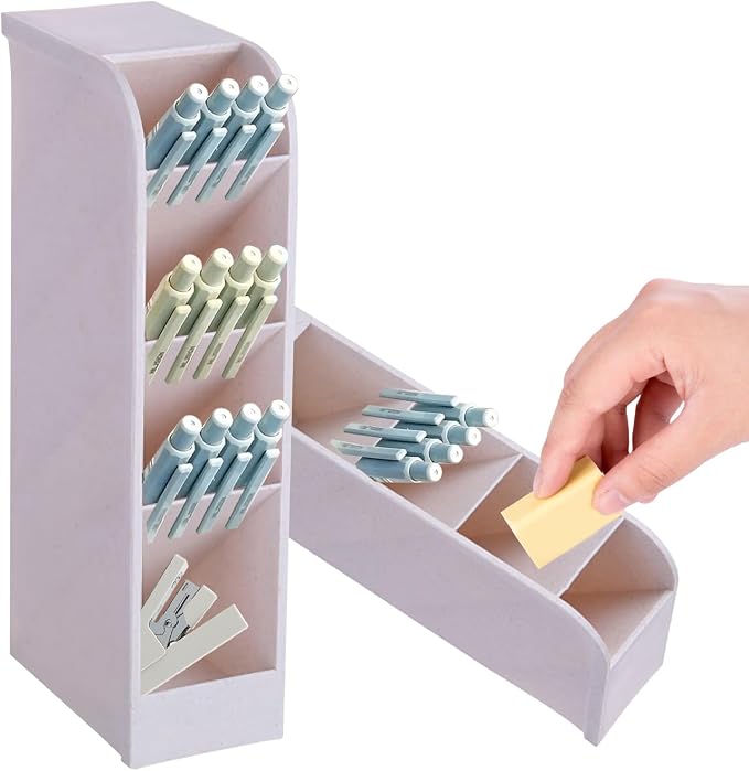 4-Grid Vertical Desk Organizer, Plastic Pen Holder | Pencils & Markers & Pens | Multifunctional Stationery Caddy | School Home Office(Beige)