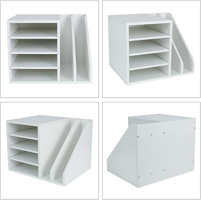 PAG Wood Desktop File Holder Organizer Mail Sorter, White, 15.35" W x 12.16" D x 11.81" H