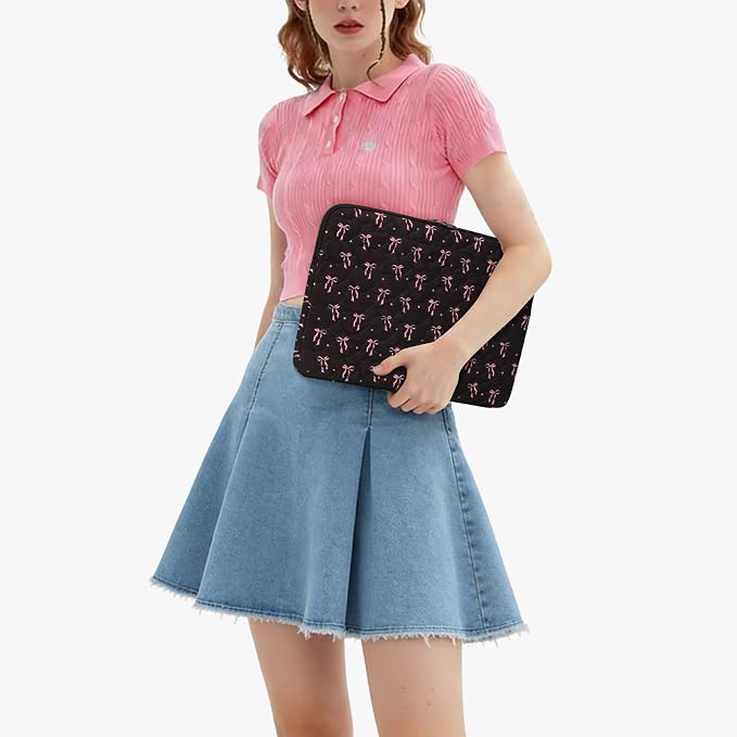 Cute Bow Puffy Laptop Sleeve 13-15 Inch Cute Quilted Laptop Protective Case Padded Bow Computer Sleeve for MacBook