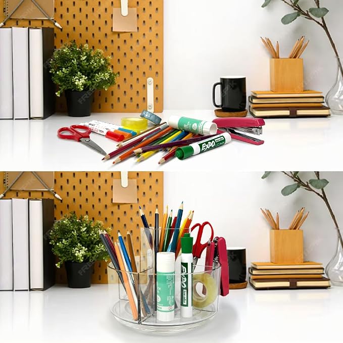 Rotating Acrylic Pen Holder, Clear Pencil Holder for Desk, 360 Degree Rotating Makeup Brush Holder and Storage Organizer, Modern Desk Organizer for School, Home and Office.