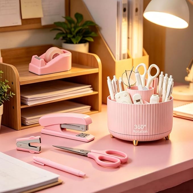 Office Supplies Set Rotating Pen Holder for Desk with Stapler Staple Remover Tape Dispenser,2pcs Tape Refills, Binder Paper Clips Kit, Scissor,Pen Ruler & Sticky Tabs,Pink Office School Supplies(Pink)