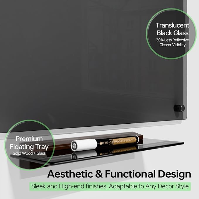 YEOUX Glass Dry Erase Whiteboard - 17"x23" Translucent Black Glass White Board for Wall with Wooden Based Floating Marker Tray, Non-Magnetic Writing Board for Kitchen, Home and Office