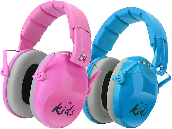 PROHEAR 032 2.0 Kids Noise Cancelling Headphones with Adjustable Headband - 25dB NRR Autism Ear Protection for Child at Mowing Studying Sleeping Racing - Blue and Pink, 2 Pack