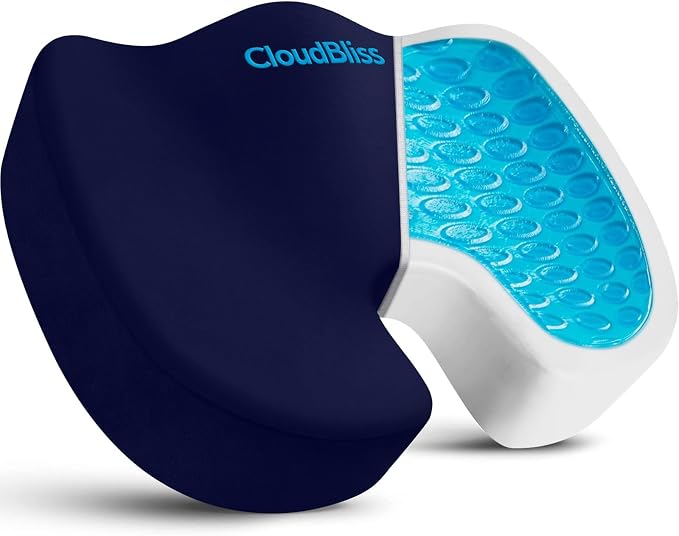 CloudBliss Gel Memory Foam Seat Cushion for Long Sitting, X-Large, Blue | Gel Chair Pad for Tailbone, Coccyx, Sciatica , Soft Suede Cover, Non-Slip , Washable Mesh, for office, home, car
