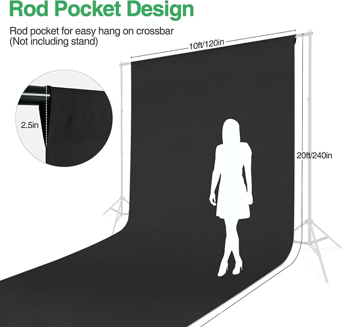 Black Backdrop Curtain 10x20ft (WxH), Black Photo Backdrop for Photography Polyester Collapsible Background Screen for Portrait, Product Video, Pet, Photoshoot, Birthday, Party