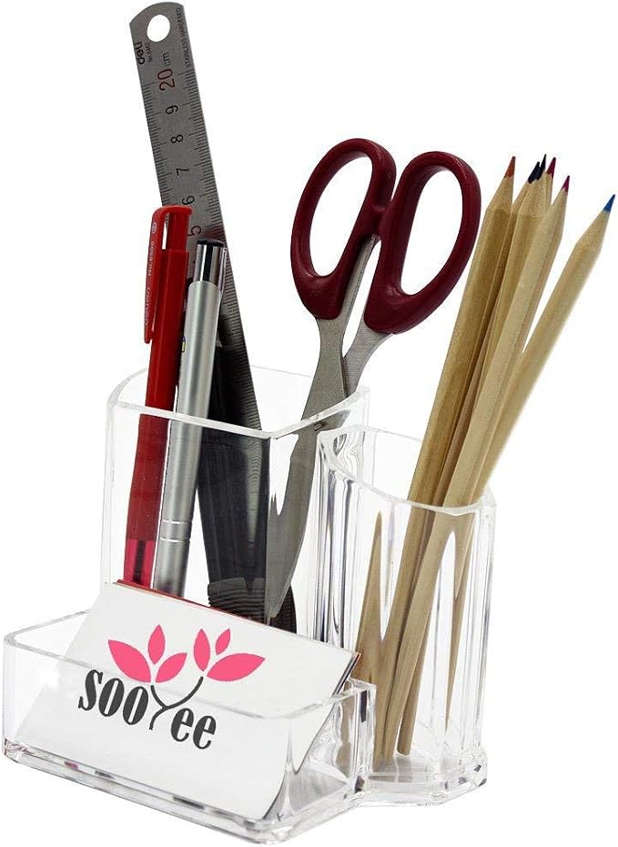 Sooyee Acrylic Desk Supplies Organizer Holder, 3 Compartments Office Desktop Caddy, Multi-function Pen Pencil Cup Phone Remote Control Stationery Storage Box for Home, School, Classroom, Clear
