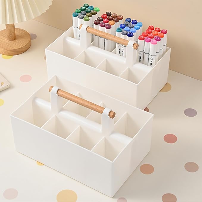 Buqoo Desk Organizer with 8 Compartments for Office Supplies | Plastic Makeup Organizer with Wooden Handle, Pen Holder for Desktop Storage, Desk Organization for Office Supplies (White)