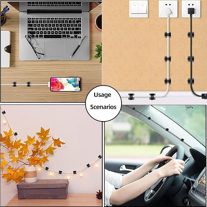100 PCS Adhesive Cable Clips Cord Organizer (Small, Medium,Large),Wire Holder for Cable Management, Outdoor Light Clips Light Hooks for LED String,Car Dash Cam, Extension Cord (Black)
